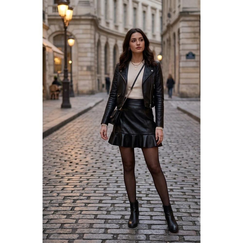 HM Divided Black Faux Leather Flounce Hem Mini Skirt Size 2 0842028 2
